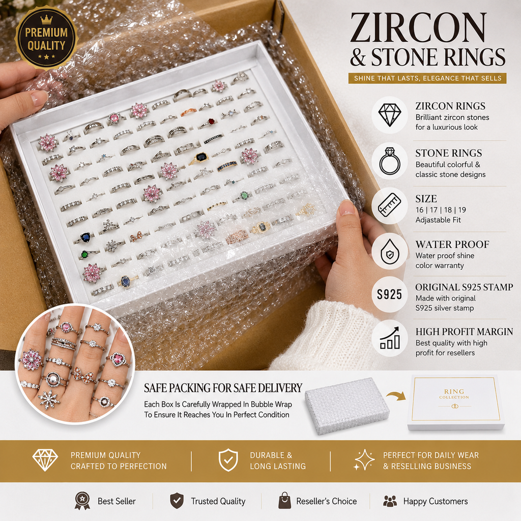 100 Rings Box – Premium Zircon & Stone Rings Collection 💍✨