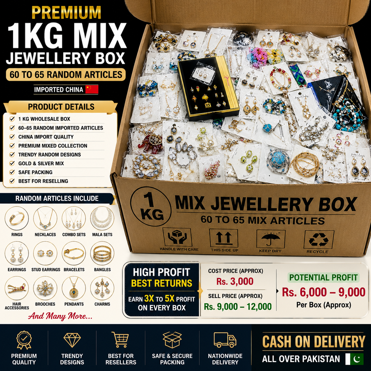 1 KG Mix Jewellery Box. 60–65 random China imported  jewellery articles.